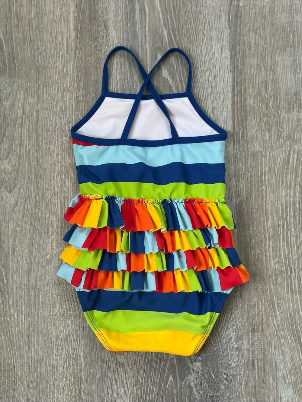 Hanna Andersson Rainbow Stripe Ruffle One-Piece Swimsuit - Blue/Red/Green